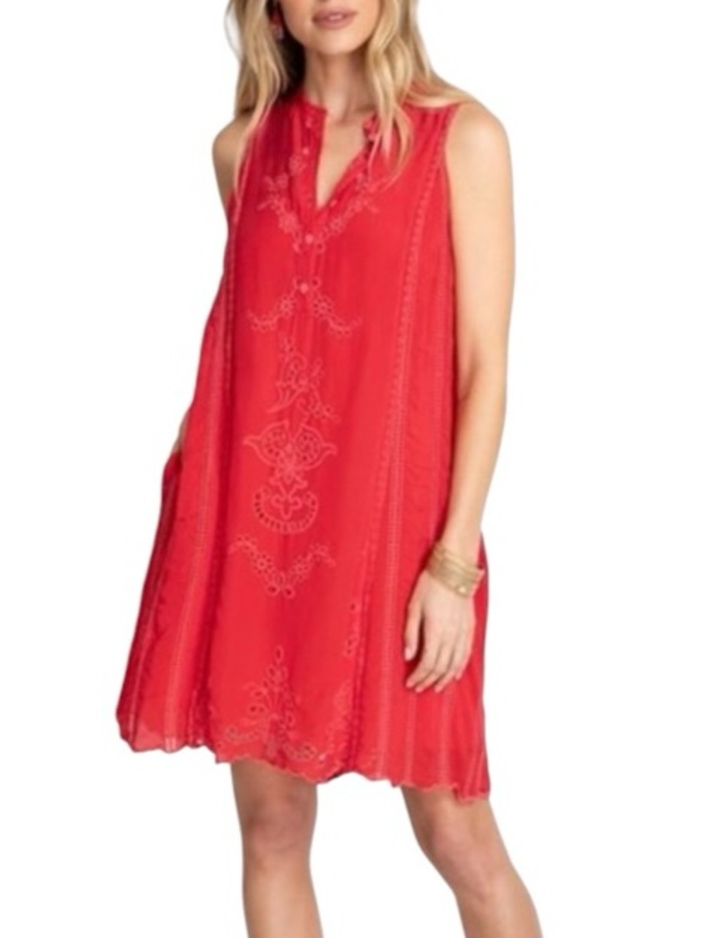 Johnny Was Rhodes Red Eyelet Embroidered Sleeveless Shift Mini Dress Medium Boho